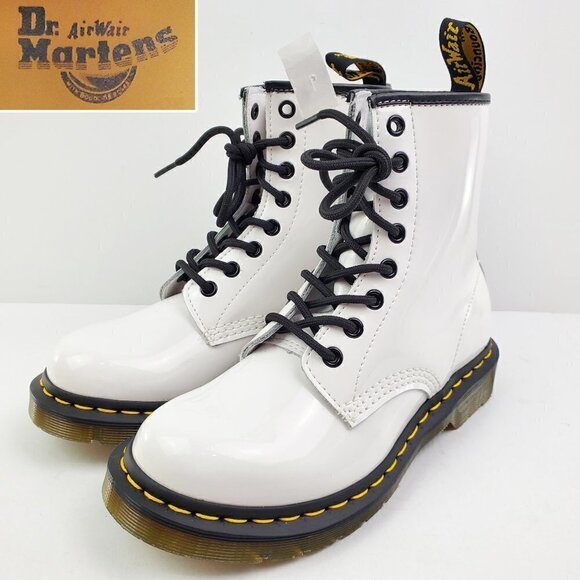 Dr. Doc Martens 1460 Lace Up Boots White Lamper Patent Leather Women's 6 US NWOB - Picture 1 of 11